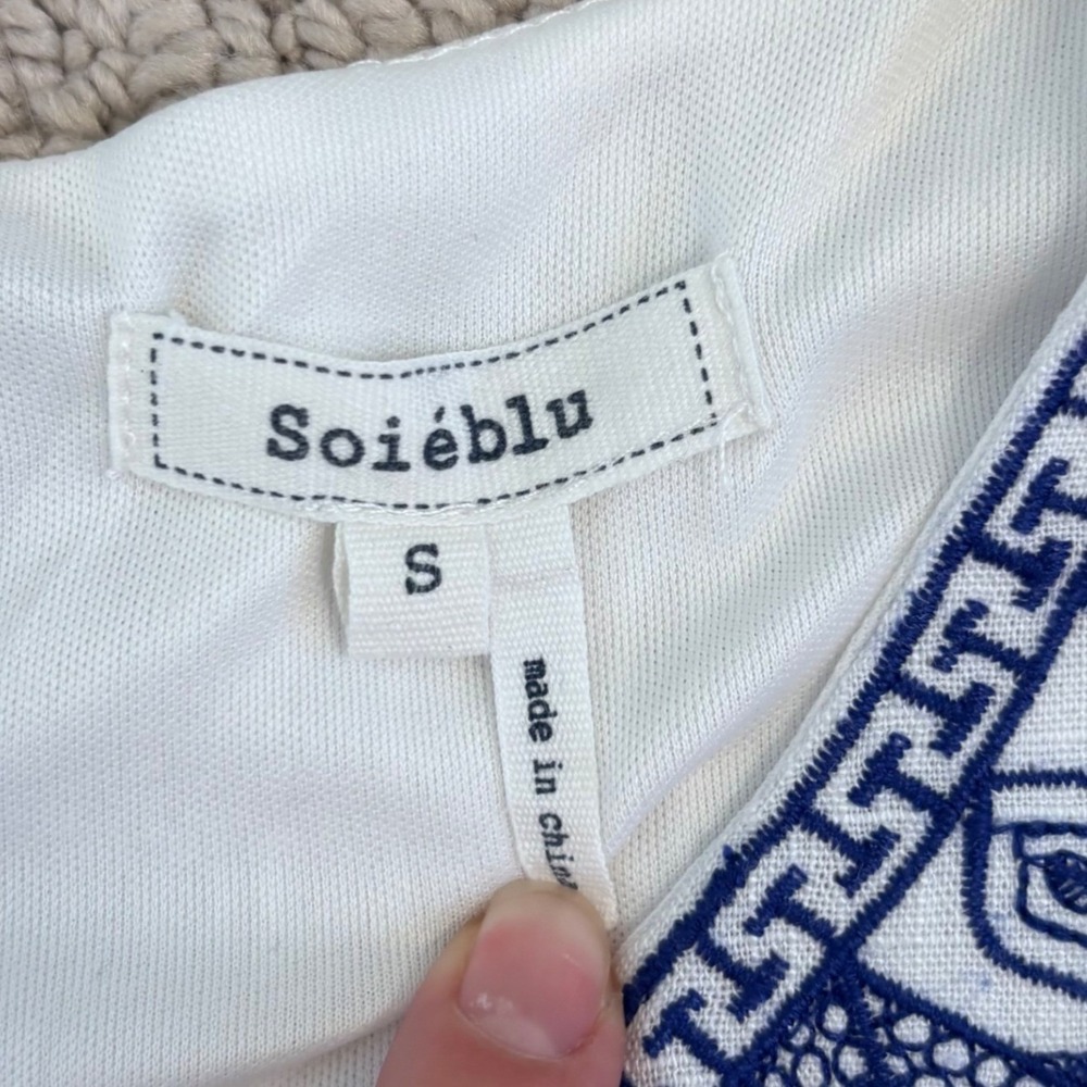 Soieblu Grecian Embroidered Cotton Linen Shift Mini Dress Size Small White Blue - Picture 8 of 15